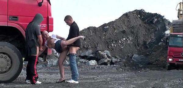 trendsConstruction site public gangbang threesome sex orgy with a cute blonde teen girl with nice perky tits and 2 hung guys with big dicks shoving their cocks in her mouth deep throat blowjob action and vaginal intercourse facking her young tight wet pussy